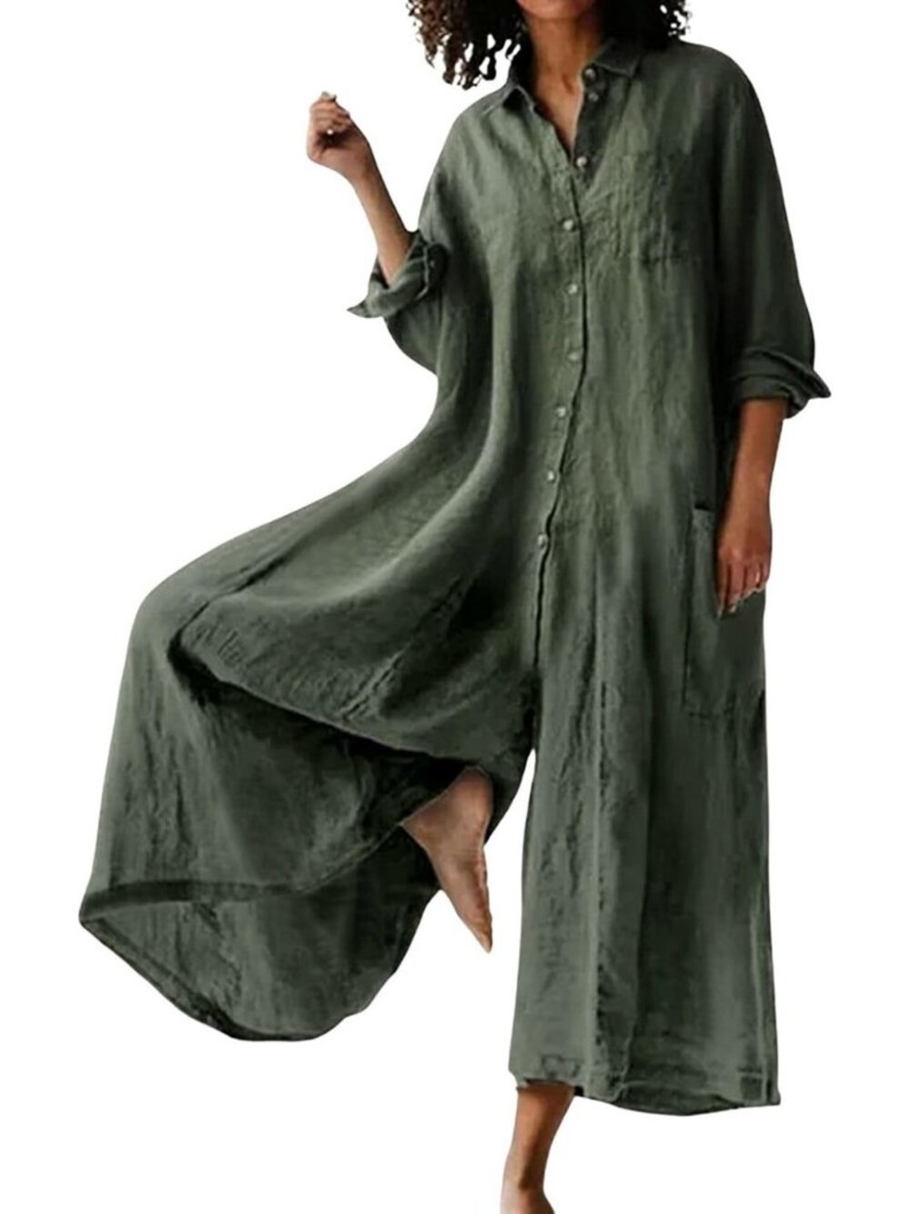 Linen Button Down Long Sleeve Jumpsuit | Wide Leg Palazzo Pants | Beach Outfit